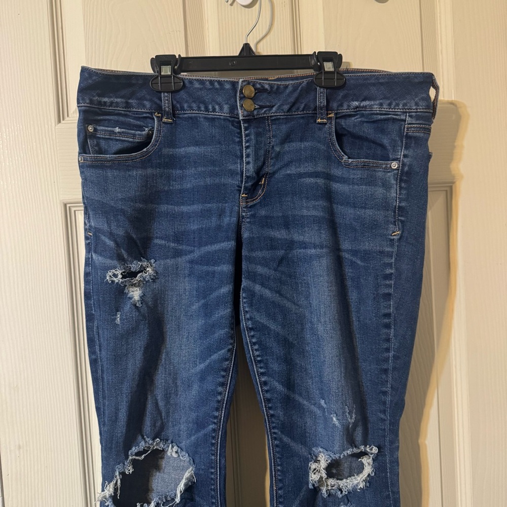 American Eagle Outfitters Blue Ripped Flare Super Stretch Jeans - Picture 3 of 11